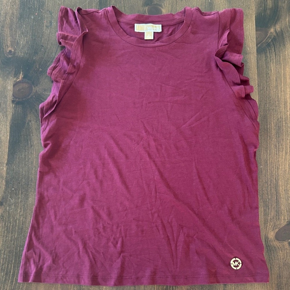 Michael Kors Ruffle Sleeve Top Medium Burgundy Gold Logo Tank Summer Casual